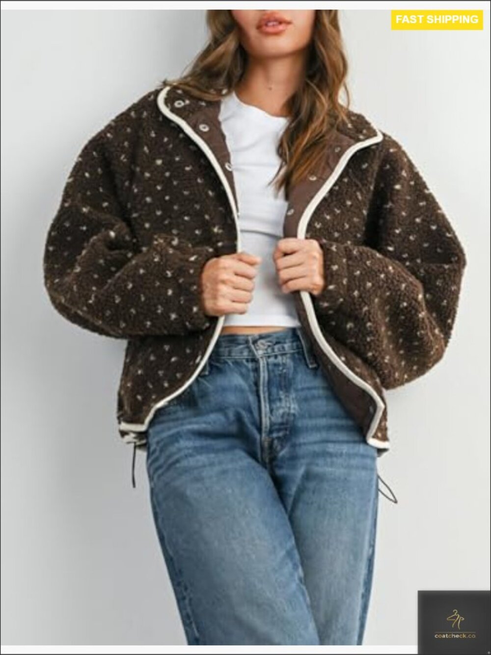 Women's Fleece Jacket Button Down Lapel Collar Sherpa Long Sleeve Quilted - Picture 5 of 7